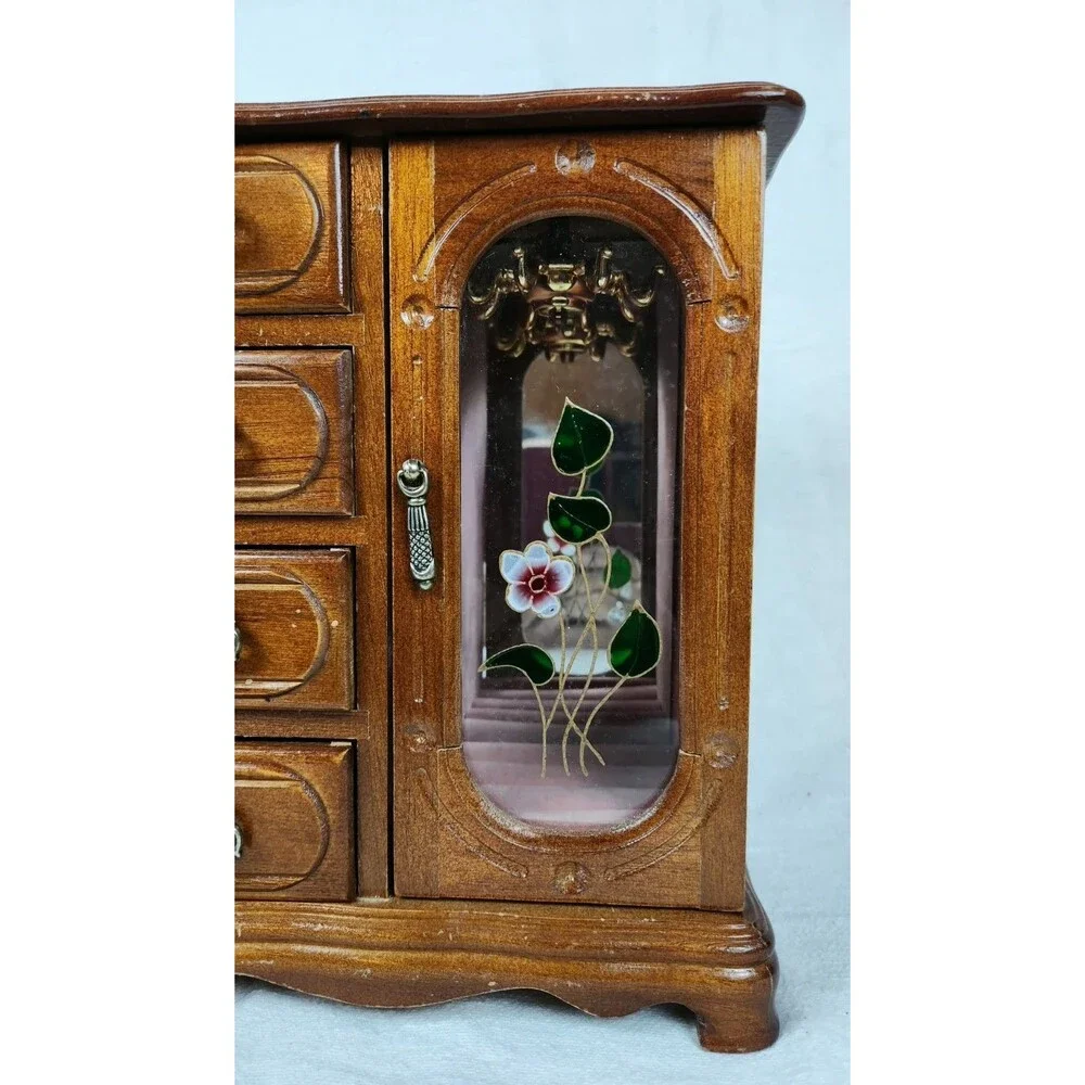 Vintage Taiwan Wooden Jewelry Box Floral Glass Door 4 Drawer Armoire 1970’s